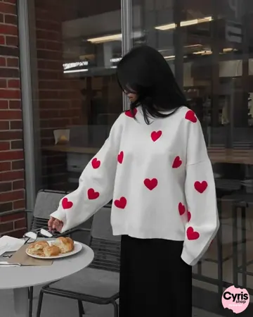 White Oversized Sweatshirt with Red Hearts — view 2
