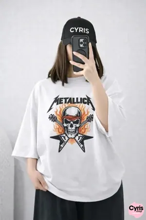 White Skull Graphic Drop Shoulder T-Shirt – Trendy Oversized Tee