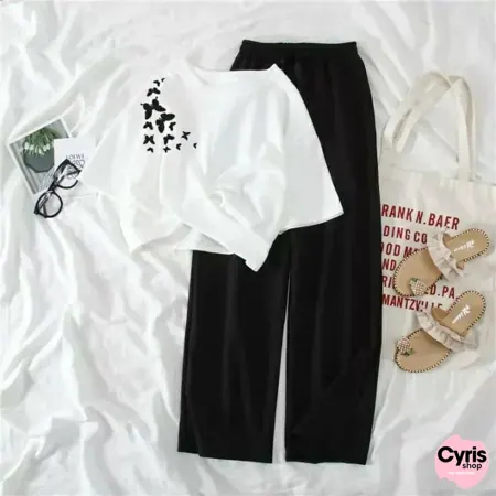 White Star Print Tee & Black Trouser Combo - Night Sky Casual