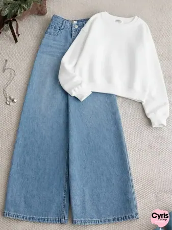 White Sweatshirt with Blue Wide-Leg Jeans – Clean Casual Two-Piece Set