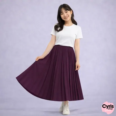 White T-shirt with Plum Pleated Skirt