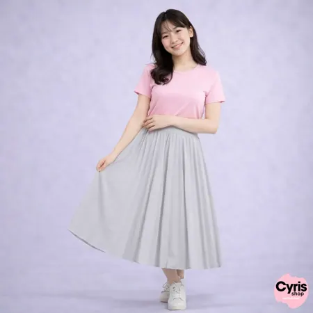 Baby Pink T-shirt withLight grey Pleated Skirt
