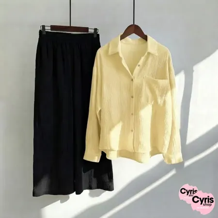 Yellow Button-Down Shirt & Black Trousers Set