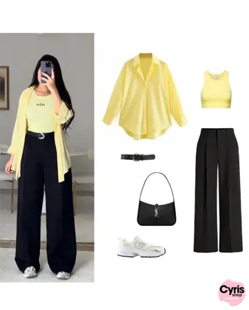 Yellow Button-Down Shirt, White Crop Top & Black Wide-Leg Pants – Trendy Summer Co-Ord Set