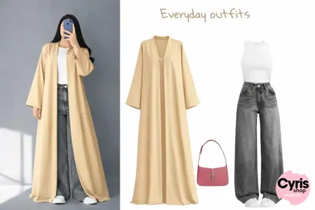 Cream Beige Flow Abaya Combo