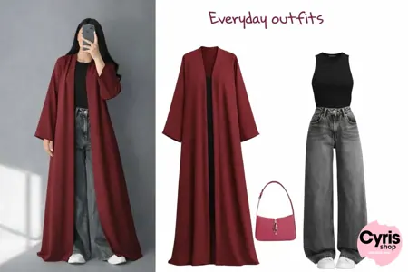 Royal Maroon Open Abaya Combo