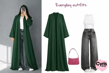 Forest Green Open Abaya Combo