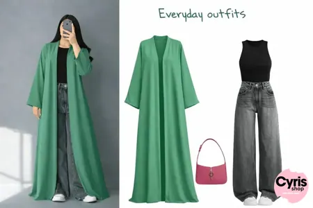 Fresh Green Open Abaya Combo
