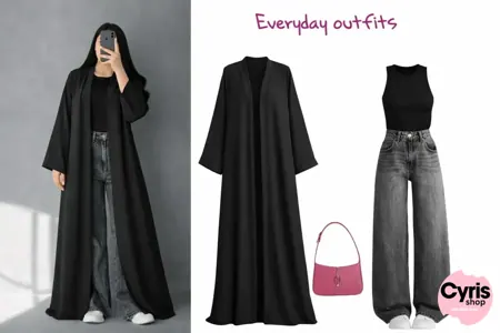 Midnight Black Flowy Abaya Combo