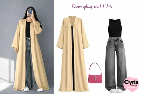 Sand Beige Open Abaya Combo