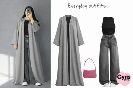 Soft Grey Flow Abaya Combo