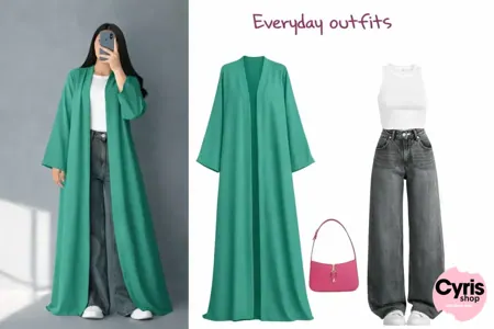 Teal Grace Open Abaya Combo